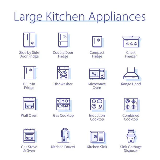 Vector illustration of Large kitchen appliances concept. Home gas oven hob, induction cooktop, fridge, range hood, sink, faucet thin line icons set. Modern household equipment linear vector illustrations