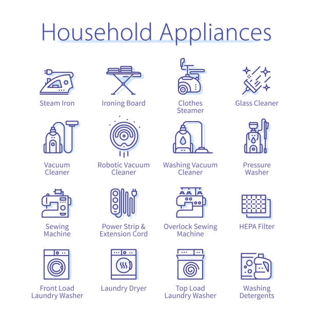 가전 제품 개념. 압력, 세탁 세탁기, 건조기, 재봉틀, 세탁 진공 청소기 얇은 라인 아이콘 세트. 현대 전기 홈 장비 선형 벡터 일러스트레이션 - iron laundry cleaning ironing board stock illustrations