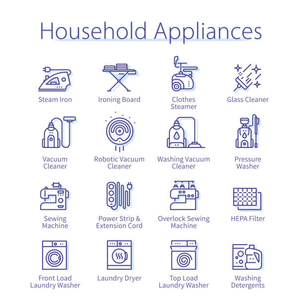Household appliances concept. Pressure, laundry washer, dryer, sewing machine, washing vacuum cleaner thin line icons set. Modern electrical home equipment linear vector illustrations Household appliances concept. Pressure, laundry washer, dryer, sewing machine, washing vacuum cleaner thin line icons set. Modern electrical home equipment isolated linear flat vector illustrations iron laundry cleaning ironing board stock illustrations