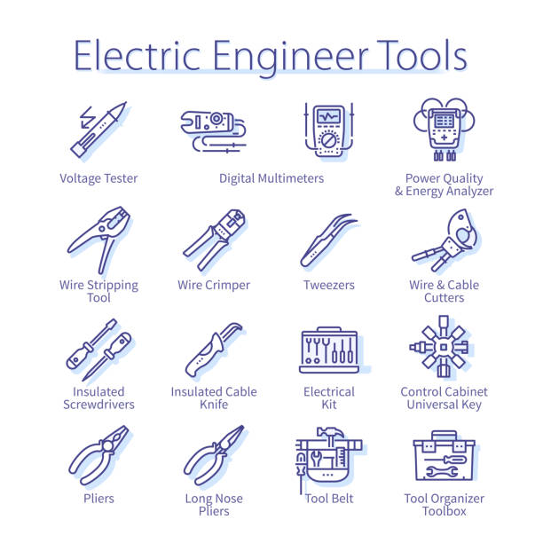 ilustraciones, imágenes clip art, dibujos animados e iconos de stock de paquete de herramientas de ingeniería eléctrica. cortadores de alambre y cable, alicates, multímetros digitales, destornilladores aislados equipo iconos de línea delgada establecidos. ilustraciones vectoriales lineales del kit de instrumentos eléctric - tool belt belt work tool pliers