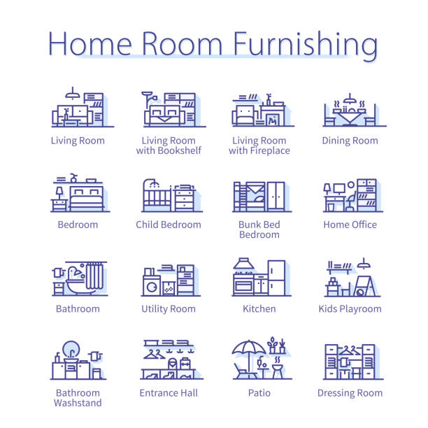 Home room furnishing pack. Kitchen, bedroom, patio, bathroom, living room chairs, sofa, lamp, bed, desk thin line icons set. House interior furniture decoration linear vector illustrations Home room furnishing pack. Kitchen, bedroom, patio, bathroom, living room chairs, sofa, lamp, bed, desk thin line icons set. House interior furniture decoration isolated linear flat vector illustrations utility room stock illustrations