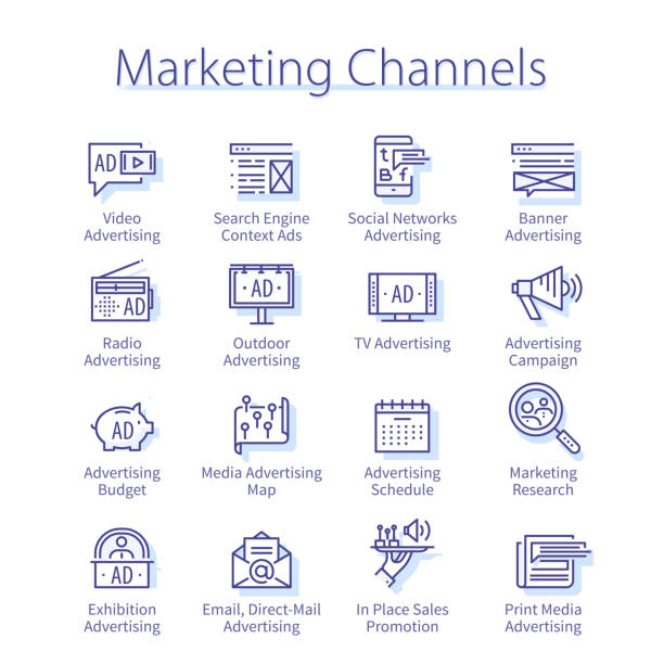 Marketing channels pack. Context advertisement, tv, radio, Internet advertising, billboard, banner thin line icons set. Business promotion, ad campaign linear vector illustrations Marketing channels pack. Context advertisement, tv, radio, Internet advertising, billboard, banner thin line icons set. Business promotion, ad campaign isolated linear flat vector illustrations marketing stock illustrations