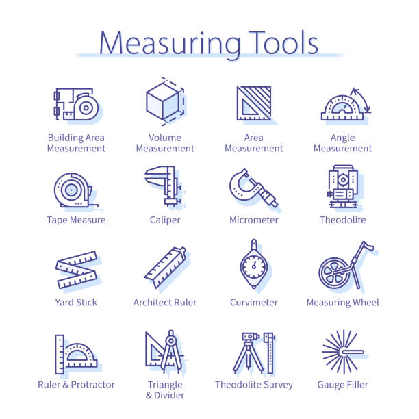 Measuring tools pack. Geodesic distance, angle, compass length, caliper, ruler, tape measure equipment thin line icons set. Precision measurement instruments linear vector illustrations Measuring tools pack. Geodesic distance, angle, compass length, caliper, ruler, tape measure equipment thin line icons set. Precision measurement instruments isolated linear flat vector illustrations micron stock illustrations