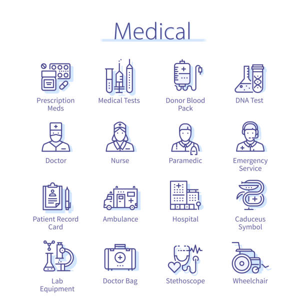 illustrazioni stock, clip art, cartoni animati e icone di tendenza di pacchetto icona medicale sottile linea. dottore, paramedico con stetoscopio, infermiere, clinica, ospedale, ambulanza, test di salute di laboratorio. sanità, medicina, farmacia, illustrazioni vettoriali lineari scientifiche - silhouette interface icons wheelchair icon set