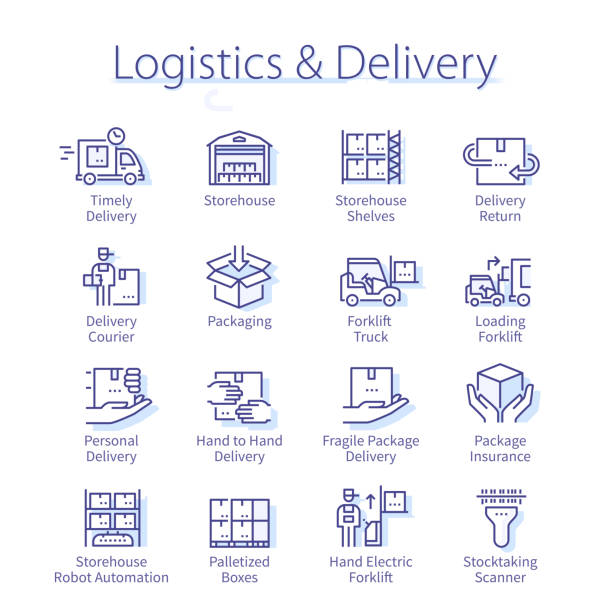 Logistic & delivery pack. Package box shipping, transportation truck, warehouse, transport, distribution thin line icons set. Order shipment service business linear vector illustrations Logistic & delivery pack. Package box shipping, transportation truck, warehouse, transport, distribution thin line icons set. Order shipment service business isolated linear flat vector illustrations warehouse icons stock illustrations