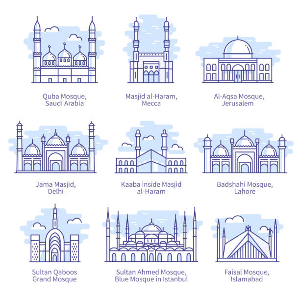 ilustraciones, imágenes clip art, dibujos animados e iconos de stock de mezquitas de fama mundial. kaaba dentro de masjid al-haram, mezquita faisal en islamabad islam religión islam sagrada coloca iconos de línea delgada establecidos. ilustraciones vectoriales lineales de arquitectura de referencia musulmana - travel east jerusalem israel