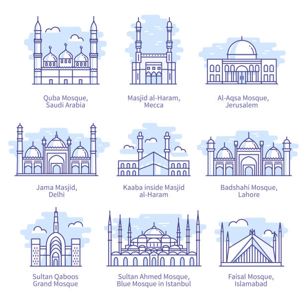 World famous mosques. Kaaba inside Masjid al-Haram, Faisal Mosque in Islamabad Islam religion sacred places thin line icons set. Muslim landmark architecture linear vector illustrations World famous mosques. Kaaba inside Masjid al-Haram, Faisal Mosque in Islamabad Islam religion sacred places thin line icons set. Muslim landmark architecture isolated linear flat vector illustrations oman stock illustrations