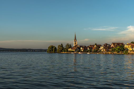 Description: View from the Cathedral of Our Lady to the Council and the harbour on a sunny summer day. Constance, Lake Constance, Baden Württemberg, Germany, Europe.