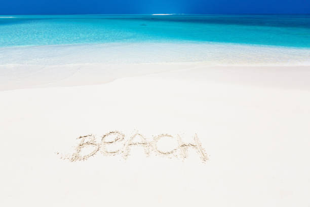 istock Inscription word BEACH on perfect tropical sandy beach 1284032447