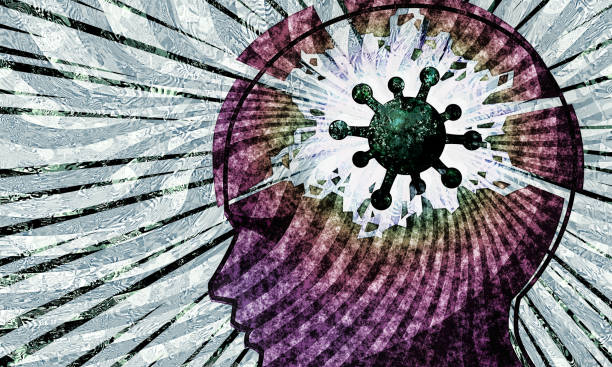 illustrations, cliparts, dessins animés et icônes de coronavirus pandémie de santé mentale impact cellule covide dans la rupture de la tête avec l’effet grunge tourbillon - depression expressing negativity brain mental health