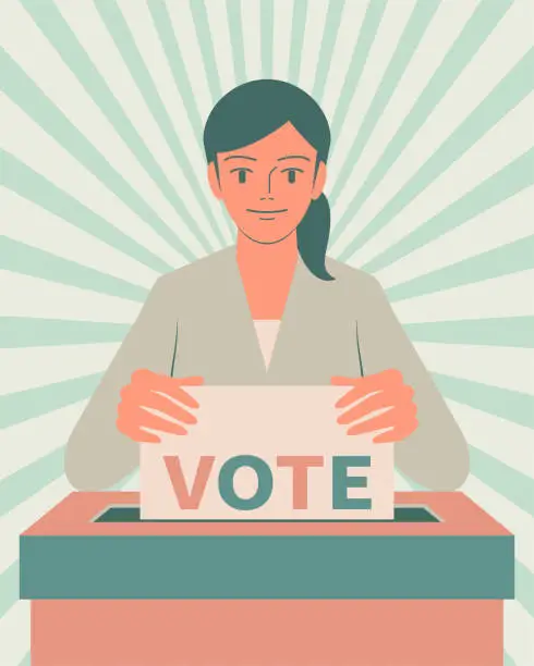 Vector illustration of Smiling beautiful young woman (voter, girl) casting a vote into the ballot box at the polling place during elections