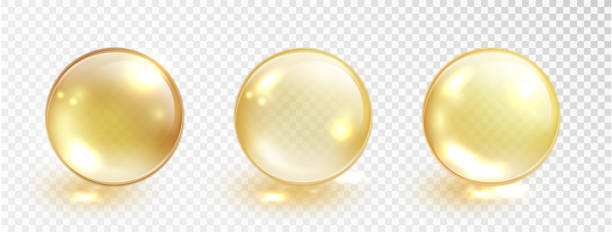 золотой нефтяной пузырь установлен изолированным на прозрачном фоне. вектор реалистичные желтые капли сыворотки наркотиков или коллагена - castor oil stock illustrations