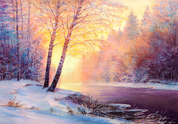 Christmas forest with river. Oil painting landscape. Winter landscape with the river. Original oil painting. christmas oil painting stock illustrations
