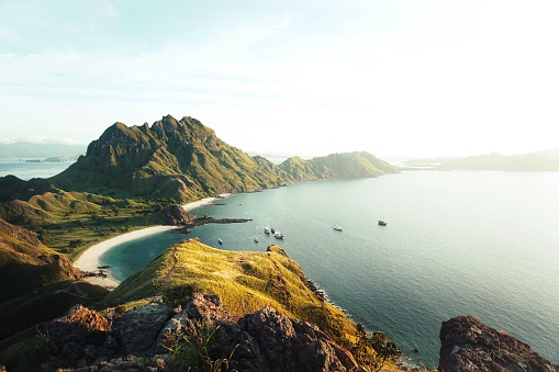A breathtaking view from top of Padar Island, Labuan Bajo, NTT, Indonesia. Labuan Bajo is known for home for Komodo Dragons, and the breathtaking view from all of the island across the city. Best for its sunrise, and many tourist stay the night at boats near Padar Island.