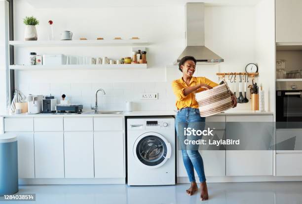 My Favourite Chore Is Doing The Laundry Stock Photo - Download Image Now - Cleaning, Women, Washing Machine