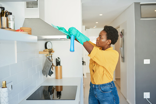Shot of a young woman cleaning her home