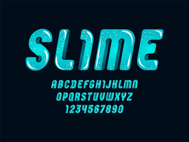 blauer schleim schriftart, niedliches alphabet im cartoon-stil, kursive abgerundete buchstaben von a-z und zahlen von 0-9 für sie designs: logo, t-shirt, karte, poster, vektor-illustration 10eps - number vibrant color transparent blue stock-grafiken, -clipart, -cartoons und -symbole