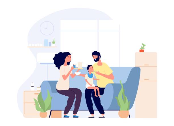 Parents and baby. Feeding infant, happy young family together. Mother father and toddler on sofa with food vector illustration Parents and baby. Feeding infant, happy young family together. Mother father and toddler on sofa with food vector illustration. Woman and newborn son feed, toddler feeding in livingroom sofe stock illustrations