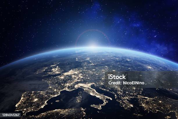Planet Earth Viewed From Space With City Lights In Europe World With Sunrise Conceptual Image For Global Business Or European Communication Technology Elements From Nasa Stock Photo - Download Image Now