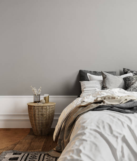 istock Gray bedroom interior with decor. 3d render illustration mock up. 1284041396