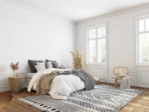 クラシックなスカンジナビア風の内装の白いベッドルームです。3d レンダーイラストモックアップ。 - 寝室 ストックフォトと画像