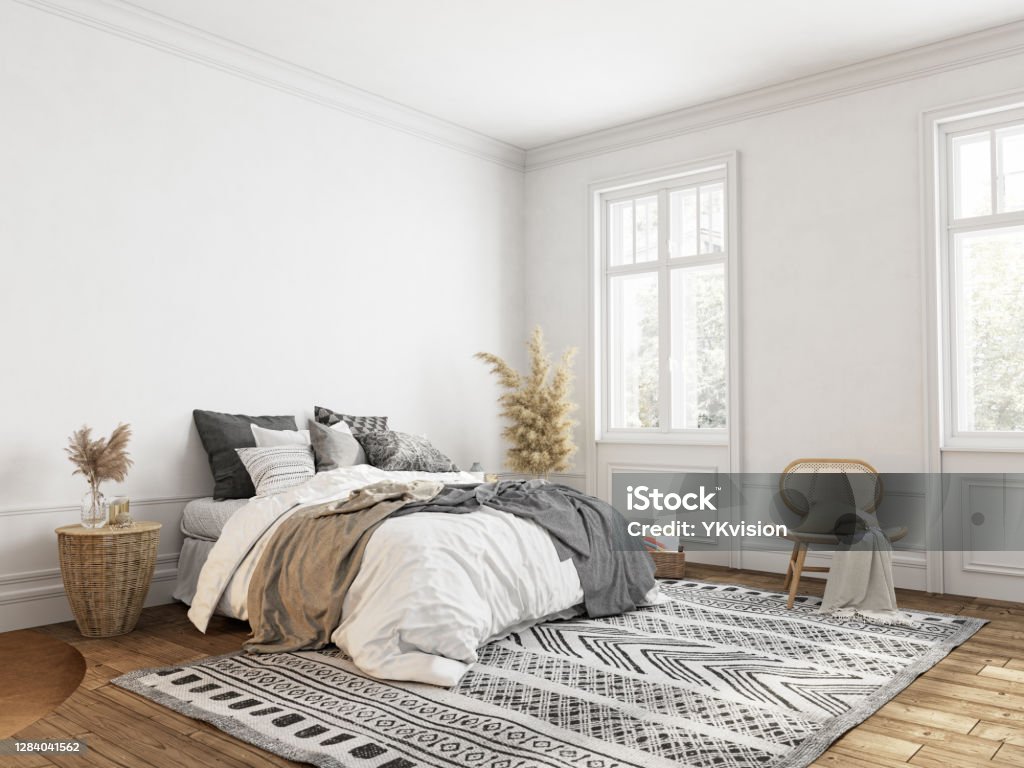 White bedroom with decor, classic scandinavian style. 3d render illustration mockup. Bedroom Stock Photo