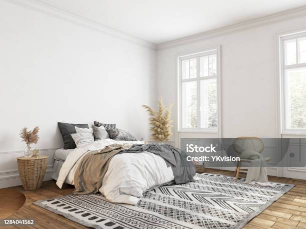 White Bedroom With Decor Classic Scandinavian Style 3d Render Illustration Mockup Stock Photo - Download Image Now