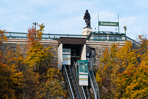 Quebec, Quebec, Canada - 18 october 2020 : Historical funicular of the old Quebec city inaugurated in 1879.
