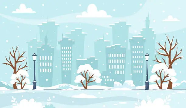 Vector illustration of Snowy winter cityscape with trees, buildings, park.  Vector illustration in flat style.