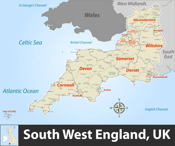 South West England region Map of South West England region, United Kingdom with counties and cities. Vector image devon stock illustrations