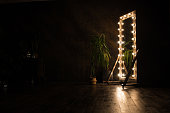 Toilet mirror stands on a wooden floor with light bulbs for lighting