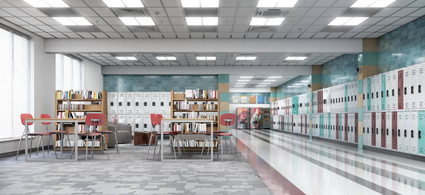 istock Long school corridor with white, red, green lockers and rest zone, 3d illustration 1284045181