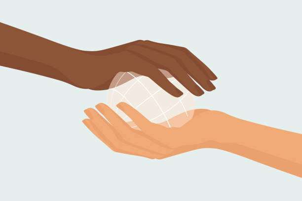 Female hands sharing and collaborating. Women supporting women. Two female hands, black and white, holding small transparent globe, sharing, collaborating and preserving earth. Beloved community inspired vector illustration. two people illustrations stock illustrations