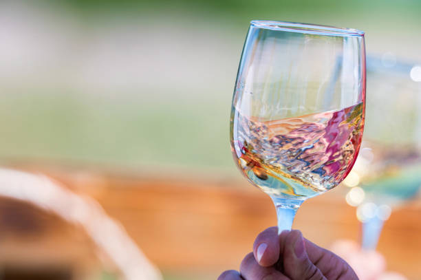 istock Hand holds two glasses with white wine next to grapes in nature 1284050223
