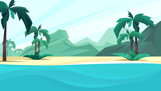 Ocean coast with palms and mountain.