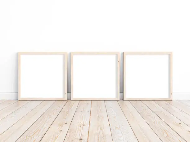 Mockup of three thin square wooden frames to display your work. 3D illustration.