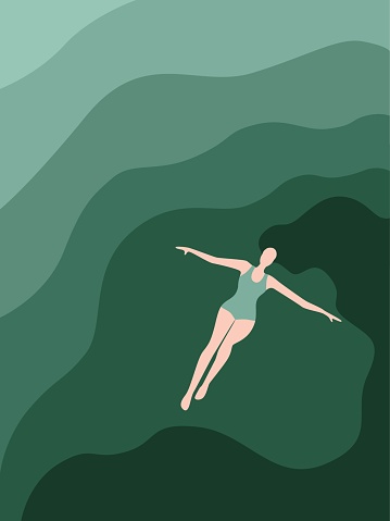 woman lying down on ocean surface flat design illustration