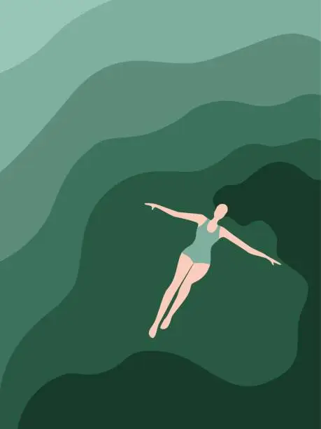 Vector illustration of woman lying down on ocean surface flat design illustration