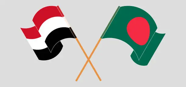 Vector illustration of Crossed and waving flags of Bangladesh and Yemen