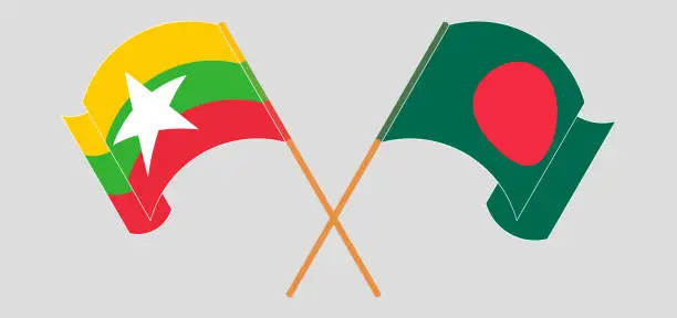 Vector illustration of Crossed and waving flags of Bangladesh and Myanmar