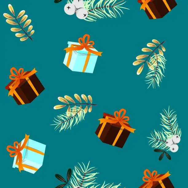 Vector illustration of Seamless pattern with gift boxes and white berries on blue background.