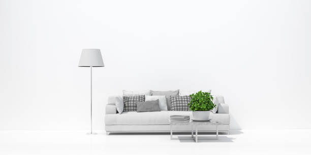 istock Livingroom interior wall mock up with white wall, gray sofa, lamp and green plant on empty white background 3d rendering. 3d illustration template contemporary interior design minimal style concept. 1284056071
