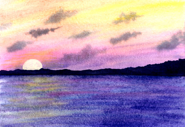 istock Simple minimalistic watercolor seascape. Beautiful romantic sunset. Hand drawn creative art. Creative background. Horizontal view, copy-space. Template for designs, card, posters. Yellow, pink, purple 1284057057