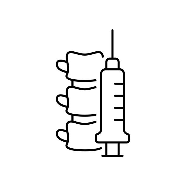 Spinal or epidural anesthesia. Linear icon of spine and syringe Spinal or epidural anesthesia. Linear icon of spine and syringe. Black simple illustration of medical injection into nerve. Contour isolated vector pictogram on white background epidural stock illustrations