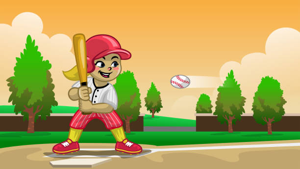 cartoon baseball-mädchen-spieler auf dem feld - baseball und softball nachwuchsliga stock-grafiken, -clipart, -cartoons und -symbole