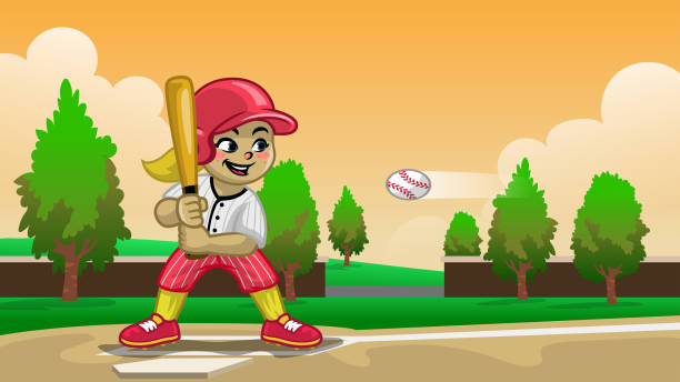 cartoon baseball girl player on the field vector of cartoon baseball girl player on the field baseball hitter stock illustrations