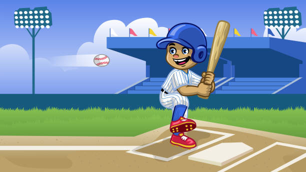 illustrazioni stock, clip art, cartoni animati e icone di tendenza di giocatore di baseball cartone animato giocare nello stadio - baseballs baseball stadium athlete