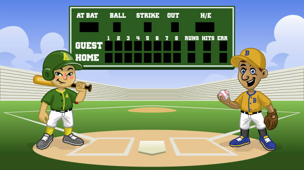 illustrazioni stock, clip art, cartoni animati e icone di tendenza di giochi di baseball cartone animato nello stadio con tabellone bancario - baseball practicing pitcher softball