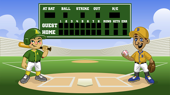 vector of cartoon baseball games in the stadium with bank scoreboard