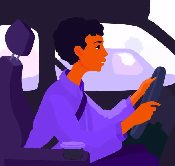 Vector illustration of A girl driver sitting in a car. A woman driving, holding a steering wheel. An automobile interior. Auto drive.